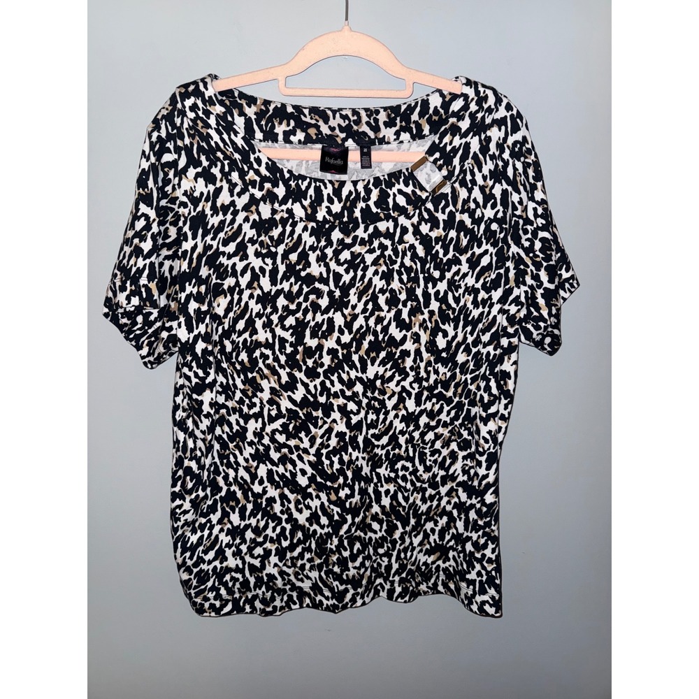 Rafaella Women 2X Animal Print Cotton Knit Top Black Tan White Boat Neck Blouse